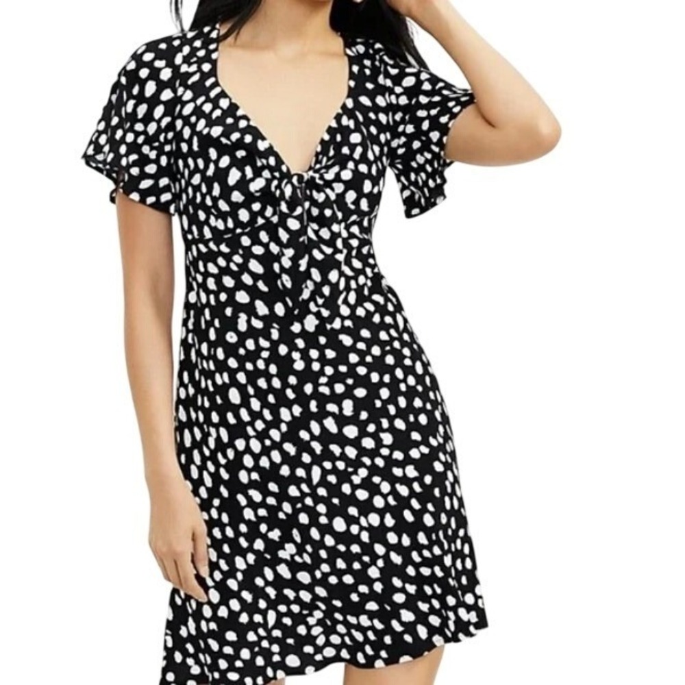 NWT LOFT Womens XS Black White Polka Dot Tie Front Pin-up‎ Retro Style Dress